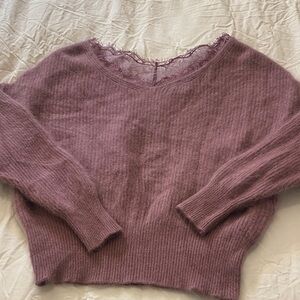 Elegant V-Neck Lace Trim Asiatic Racoon Hair Sweater -  Deep Mauve